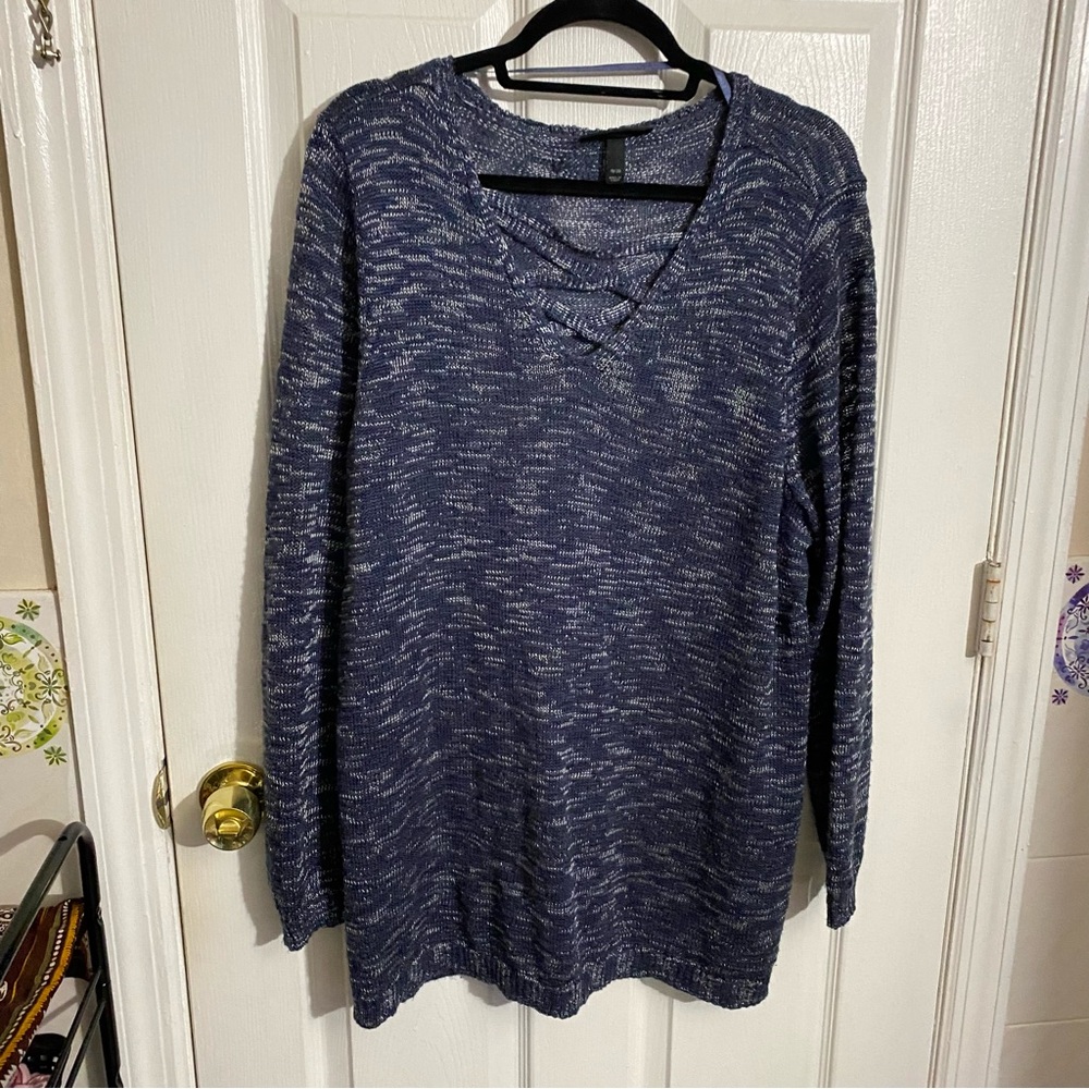 Lane Bryant 18/20 Blue Silver Criss Cross V-Neck Sweater Top